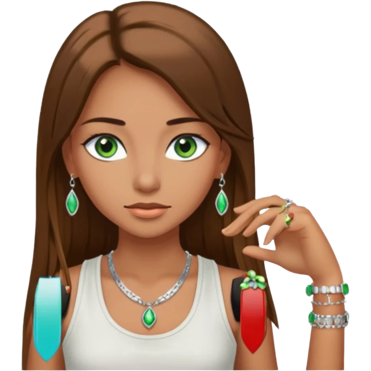 A girl with long brown straight hair, green eyes, and a white tank top; she doesn't have bangs. she wear a lot of silver jewerly tan skin emoji