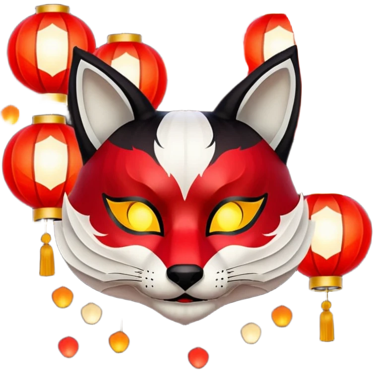 kitsune mask, worn by a festival performer at night, paper lanterns in background, colorful bokeh lights emoji