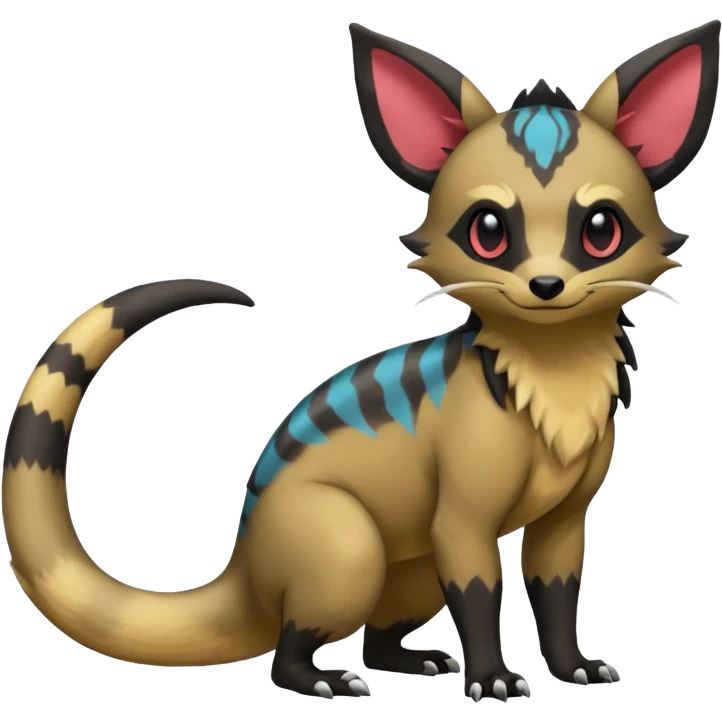 Rare exotic cute epic aesthetic colorful Salandit-Eevee-Civet-species-Fakemon-hybrid-creature, with markings, full body emoji