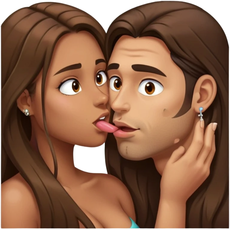a man with long hair and with pierced left ear licking a cheek of a girl with pierced nipples and big round boobs long brown hair emoji
