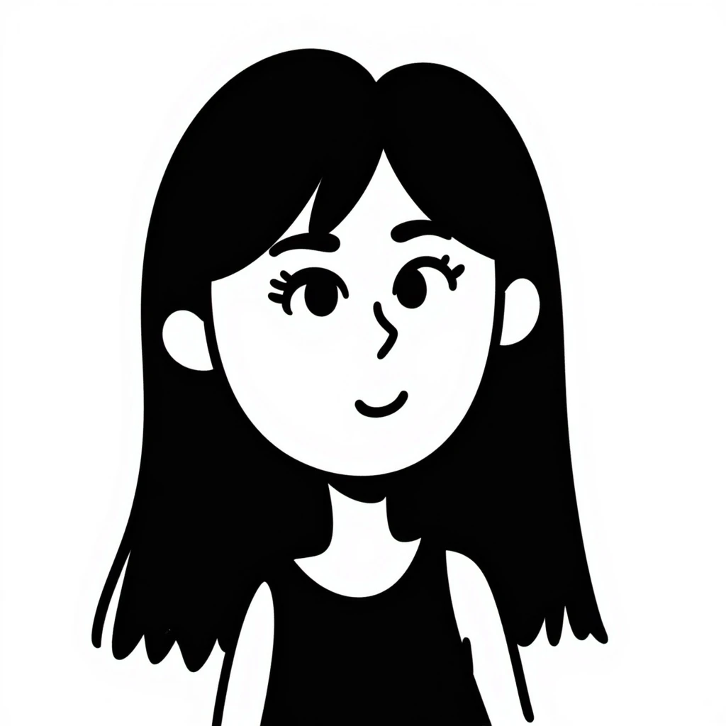 illustration of an Indian girl with straight long hair and a fringe, big lips, slightly slanted eyes, winged eye liner, hand drawn doodle style emoji