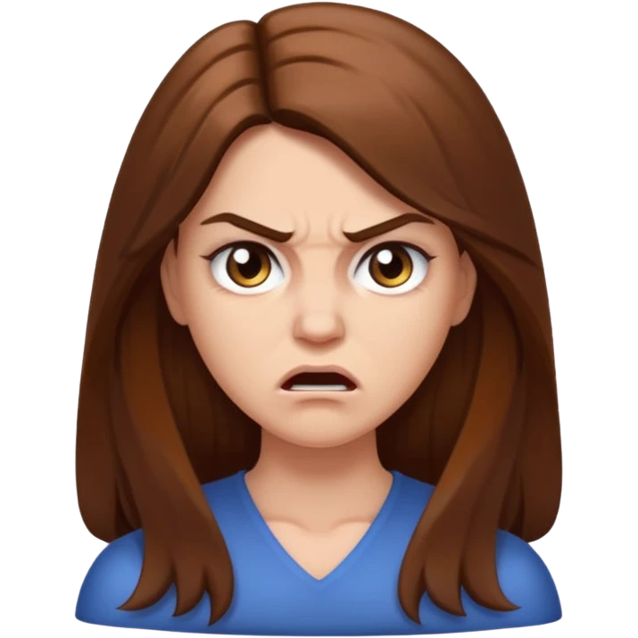mujer blanca, pelo marrón largo, enojada pero tampoco tanto, q se le vean los hombros emoji