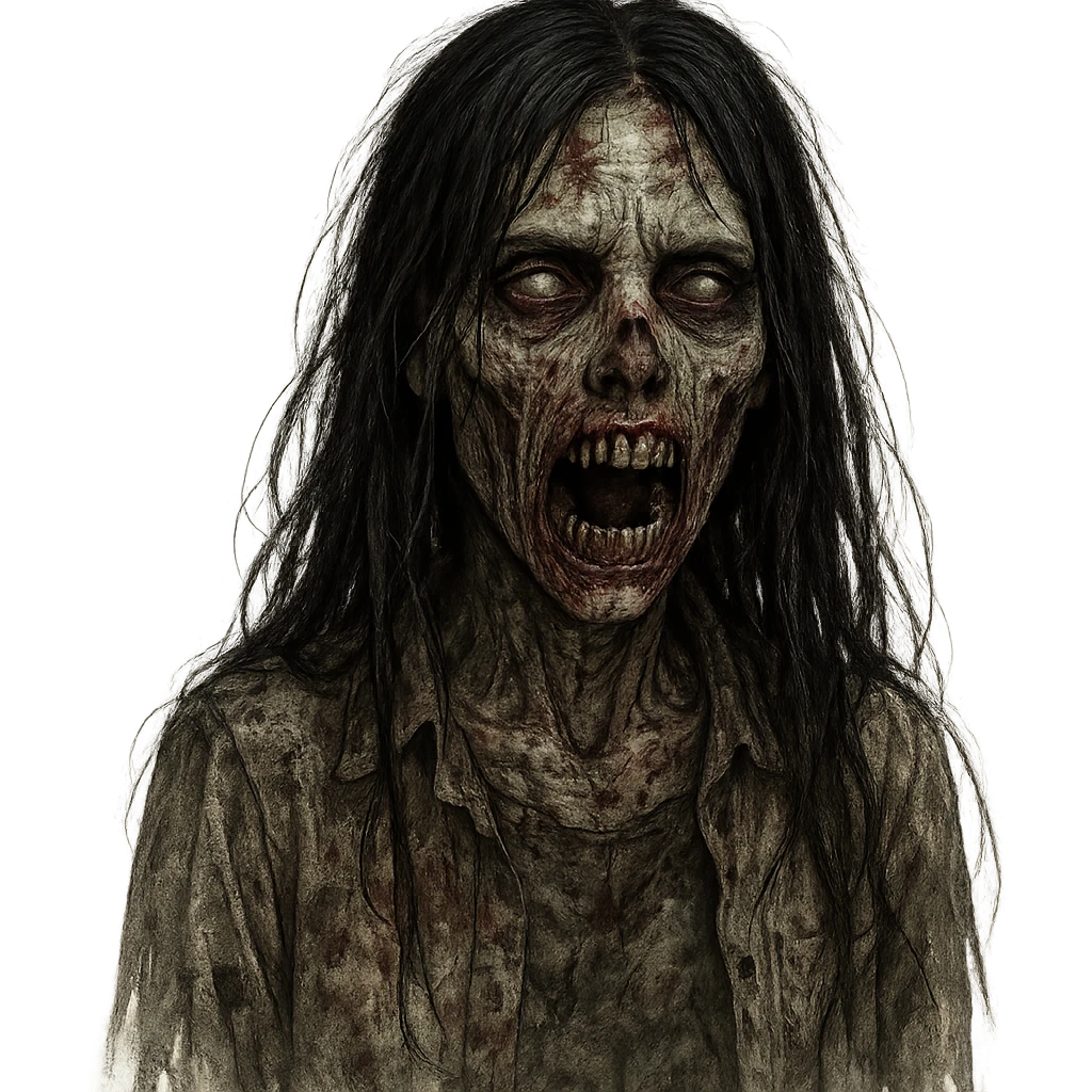 girl zombie with black long hair and exposed teeth, eerie and detailed emoji