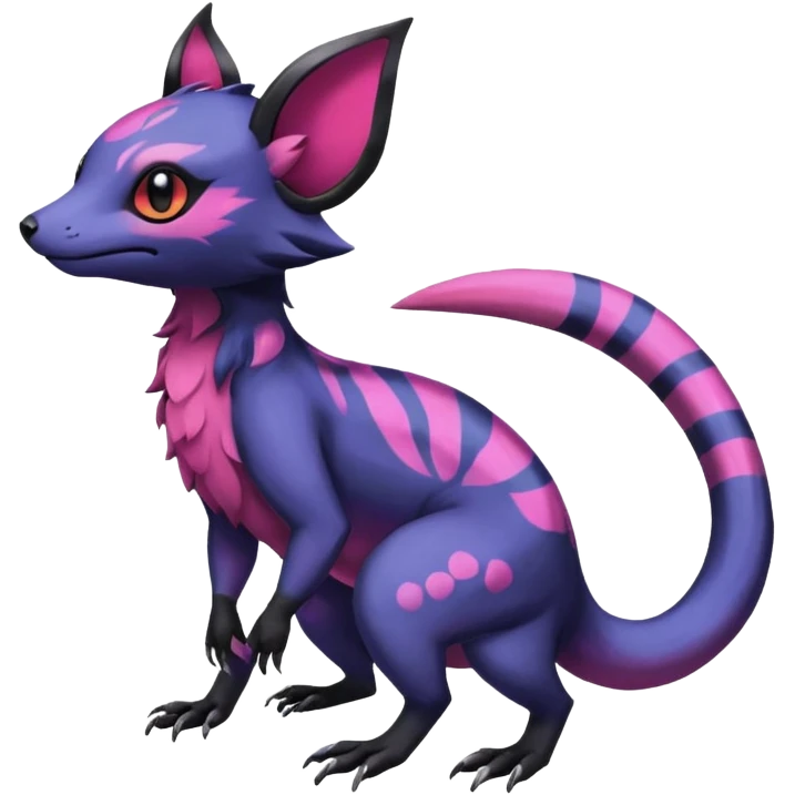 Rare epic aesthetic colorful Salandit-Noibat-Eevee-Civet-species-Fakemon-hybrid-creature, with markings, full body emoji