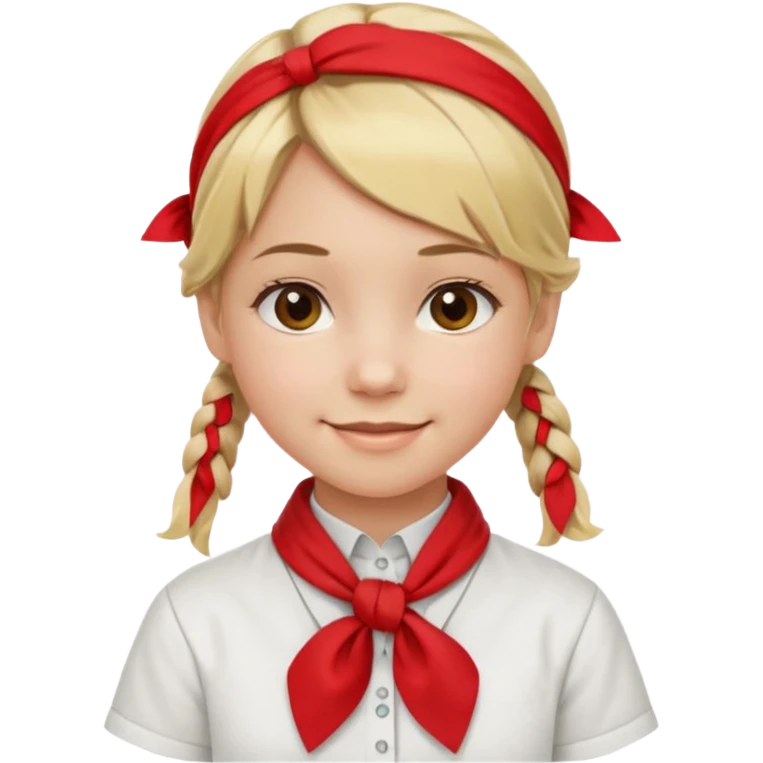 A Soviet pioneer girl emoji — smiling young girl with blonde hair tied into two short braids. She wears a white school shirt and a wide bright red pioneer neckerchief tied in a loose triangular knot at the chest (not a necktie). No suspenders, no jacket, no hat. Без красных повязок на голове emoji