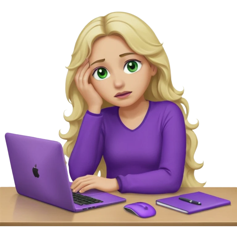 lady with long wavy blonde hair, purple top, green eyes, elbow on desk with hand on face, with a purple mac laptop tears rolling down her face as shes sick. emoji