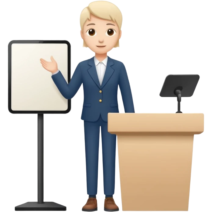 Minimal startup-style emoji icon of a person presenting behind a podium, flat vector illustration, friendly proportions, simple lines, modern SaaS pitch deck style, white background emoji