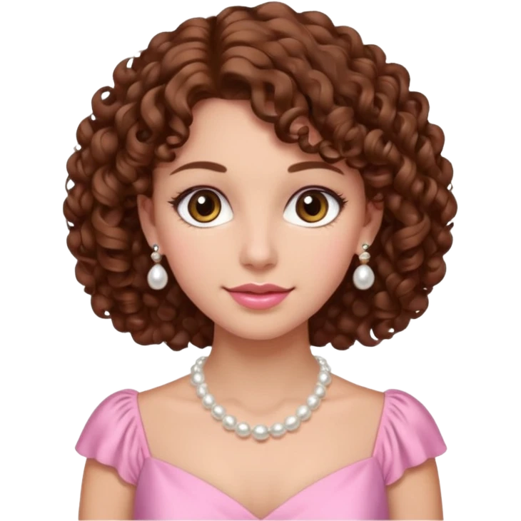 A woman with a brown curly hair and beautiful brown eyes and white skin and pink dress with pearl jewelry emoji