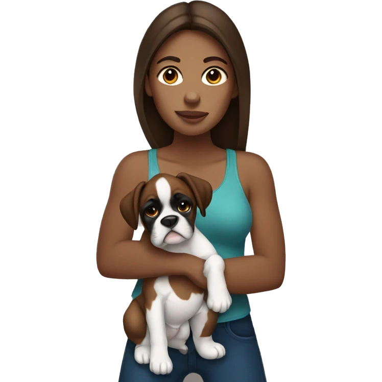 A woman with brown hair holding her black and white boxer like a baby emoji