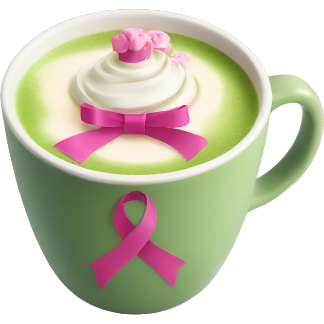 Matcha latte in a mug decorated with painted pink ribbons coquette emoji