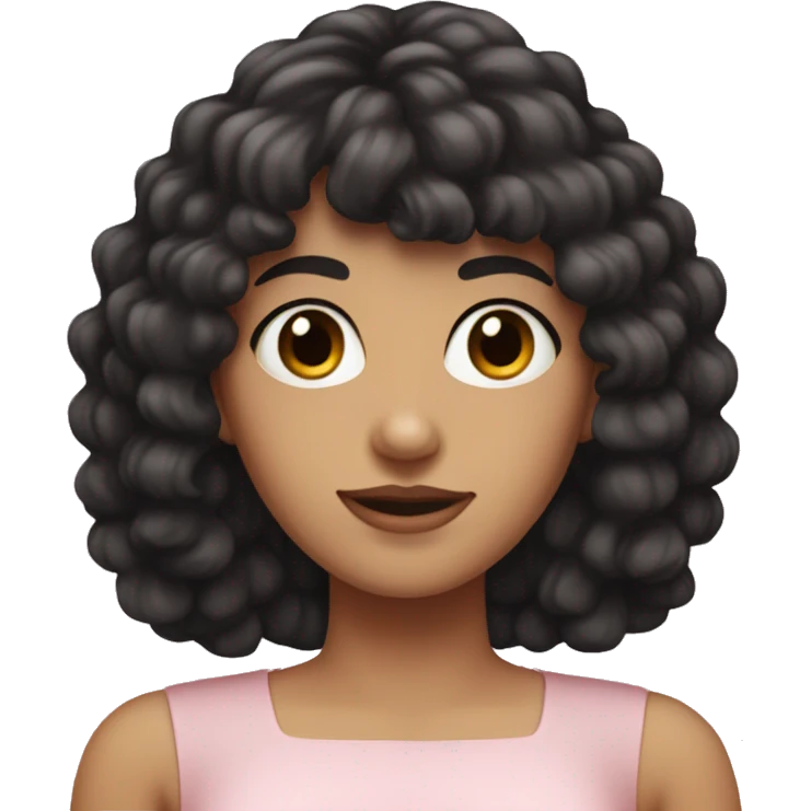 White woman with long black curly hair and bangs and dark brown eyes, wearing a pastel pink dress emoji
