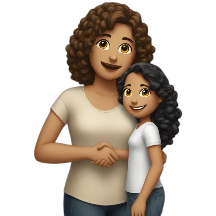 mid-sized pale woman with straight brown hair shakes hands with a tan mid-sized woman with black curly hair emoji