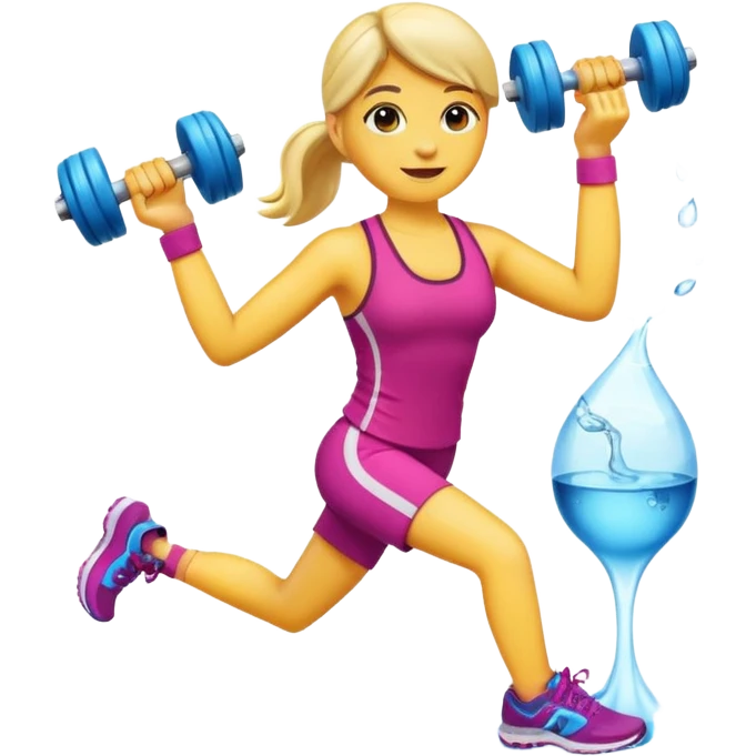 fitness emoji with dumbbells, running shoes, and water bottle, modern vibrant look, iOS 18 style emoji