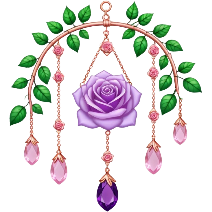 Hanging suncatcher, threads with shiny sparkly amethyst and rose-quartz gemstones, roses, beautiful leaves, gorgeous aesthetics emoji