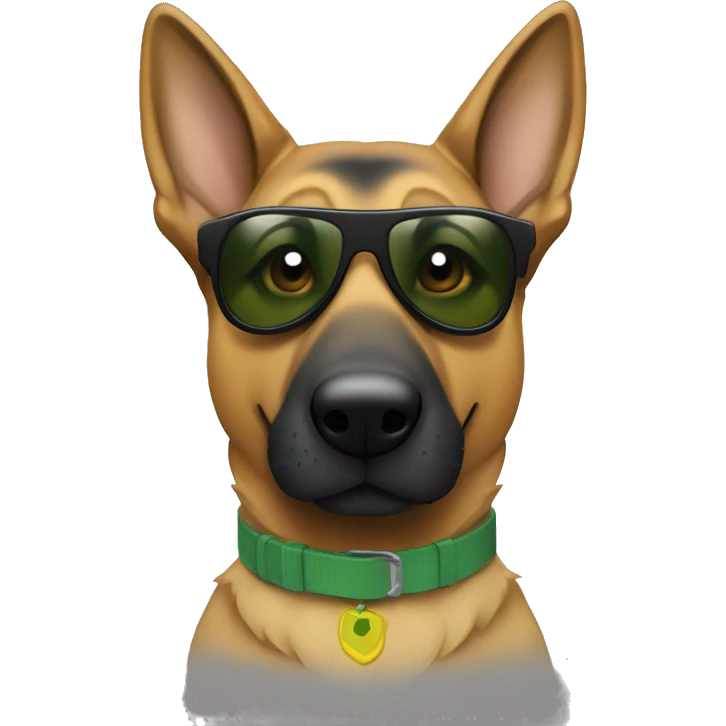 Slim weak german shepherd with green-yellow belt and full black sunglasses and hair colour gray and a little brown near mouth from the front view emoji