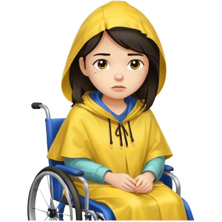 Girl with dark hair  in a wheelchair with rain poncho sad  emoji