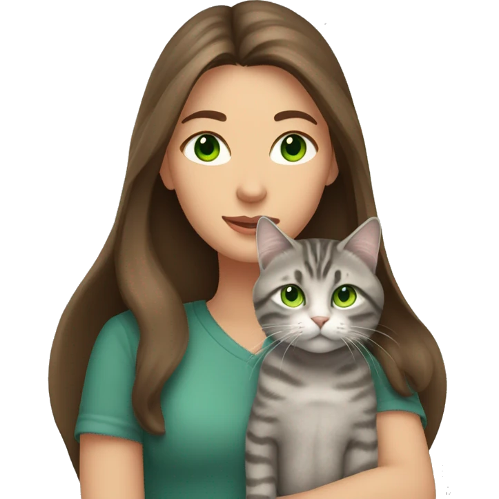 A woman with long brown hair and green eyes holds a gray tabby cat with green eyes in her arms emoji