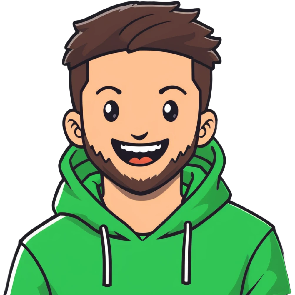 laughing guy with white hoodie, green t-shirt underneath, green eyes, dark brown undercut hairstyle and a short full beard emoji