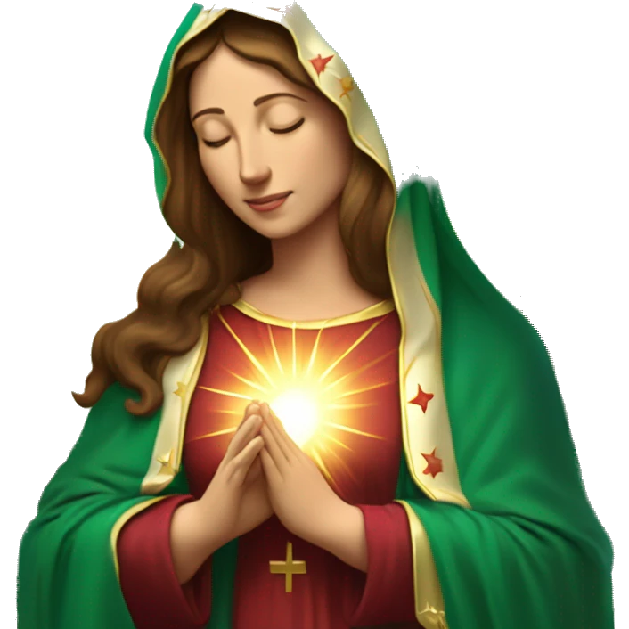 Virgin Mary: kind face looking down at the left, long brown hair, Wearing an emerald green  robe with gold stars and a burgundy red dress,  Hands in prayer or blessing. Halo around her head. standing in front of a big sun. colorful roses on the sides  emoji