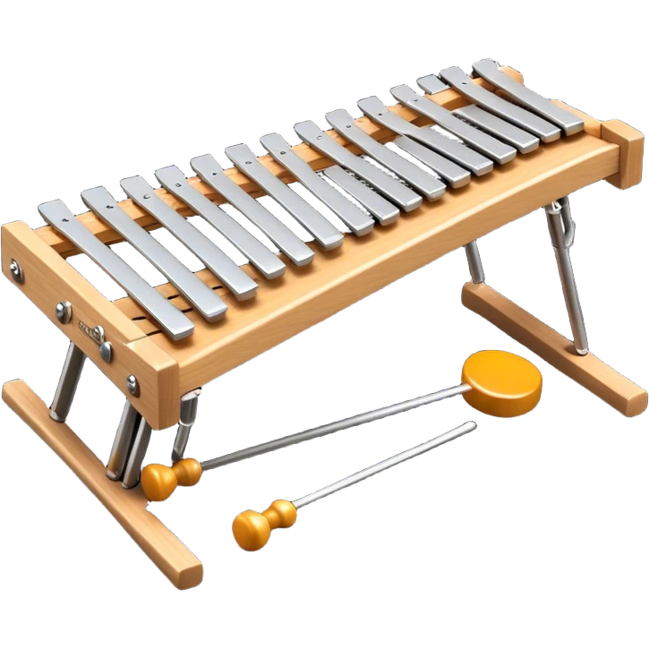 Create a vibrant and detailed emoji representing a professional wood xylophone. The design should feature the sleek wooden keys of the xylophone, arranged neatly on the frame, with metal bars clearly visible. Add the mallets placed beside the instrument or in motion, highlighting their soft rubber heads. Use warm, natural wood tones for the keys, with subtle metallic accents to reflect the professional quality of the instrument. Add small musical notes or soundwaves around the xylophone to evoke its bright, percussive sound. The background should be transparent. emoji