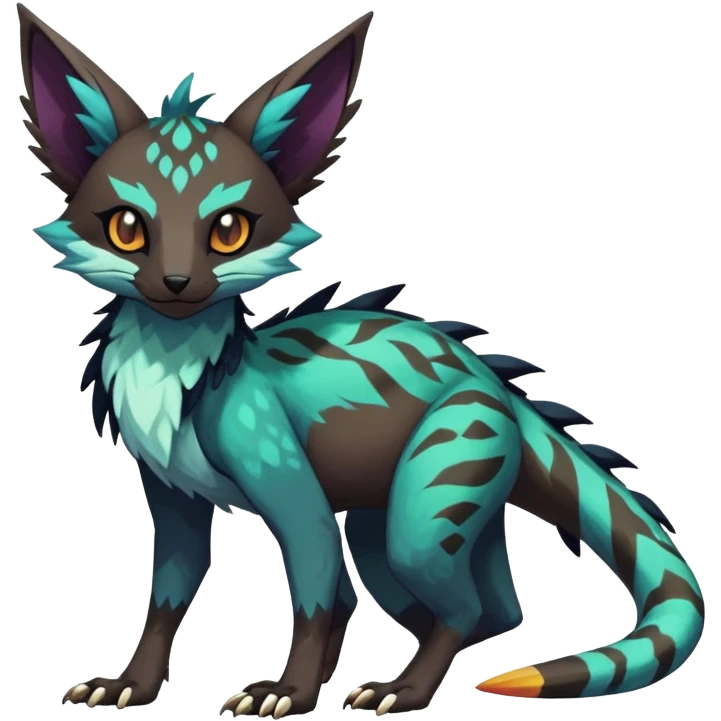 Rare realistic dark edgy badass epic pretty beautiful handsome gorgeous aesthetic colorful vibrant Vernid-Trico-species-Fakemon-creature by LiLaiRa, 4 legs, 1 tail, random markings, (full body) emoji