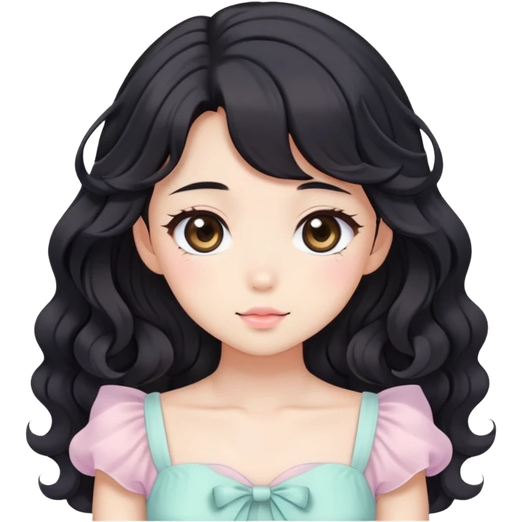 Cute kawaii anime lady with beautiful black wavy hair wearing a gorgeous soft feminine pastel dress emoji