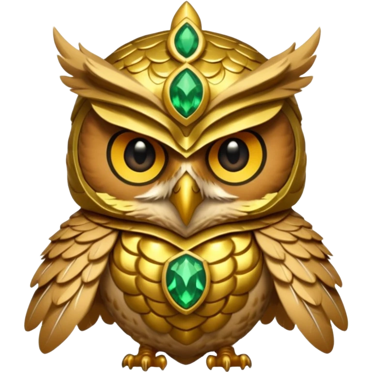 owl warrior wearing golden armor embedded with emerald jewels emoji