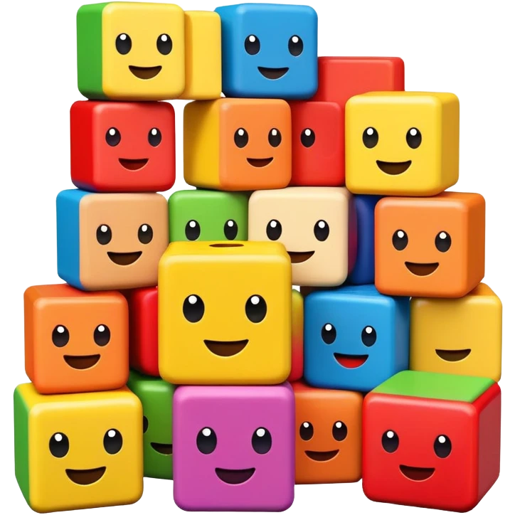 A stack of colorful toy blocks, each with adorable faces and expressions emoji