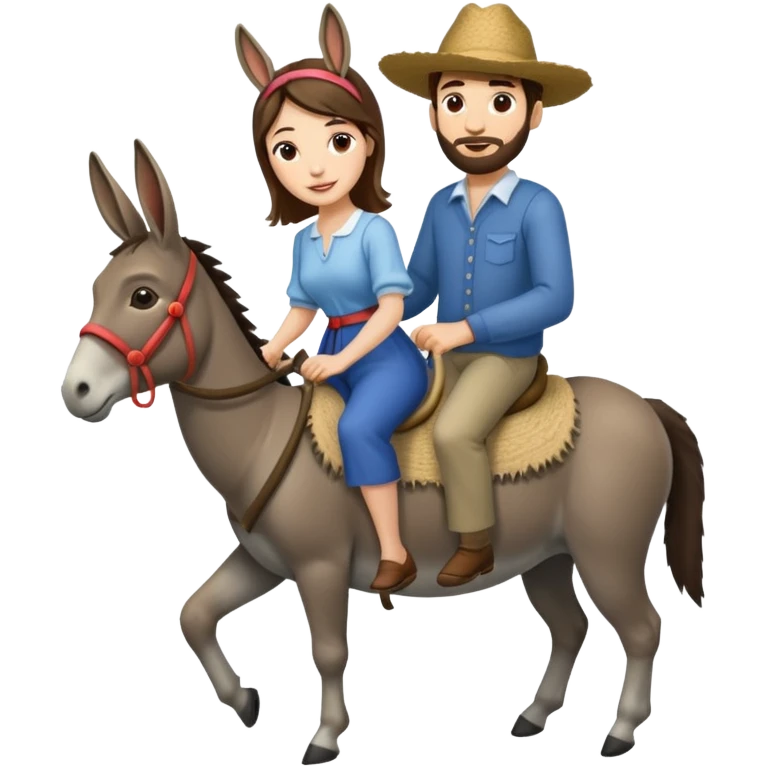 a lady on a donkey while the man is walking alongside the donkey emoji