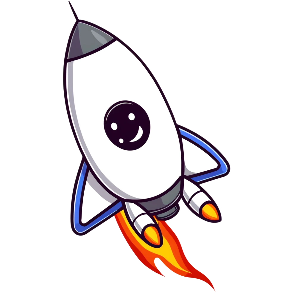 A cute sticker-style space rocket with a smiling face and bright flame trail emoji