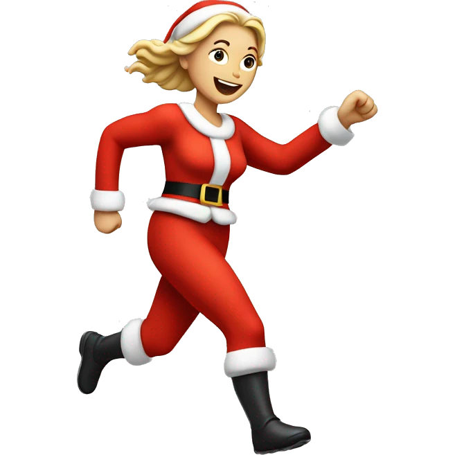 A white woman running, with a large stride and arms outstretched, in a santa costume emoji