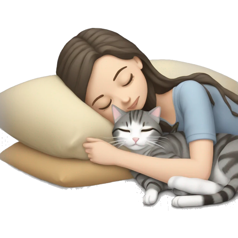 brunette pale girl sleeping with grey tabby cat  emoji