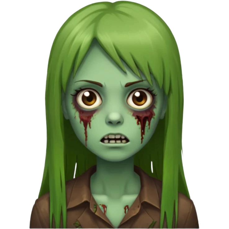 Zumbi feminino, de pele verde, cabelo marrom, longo, liso e castanho com franja reta emoji