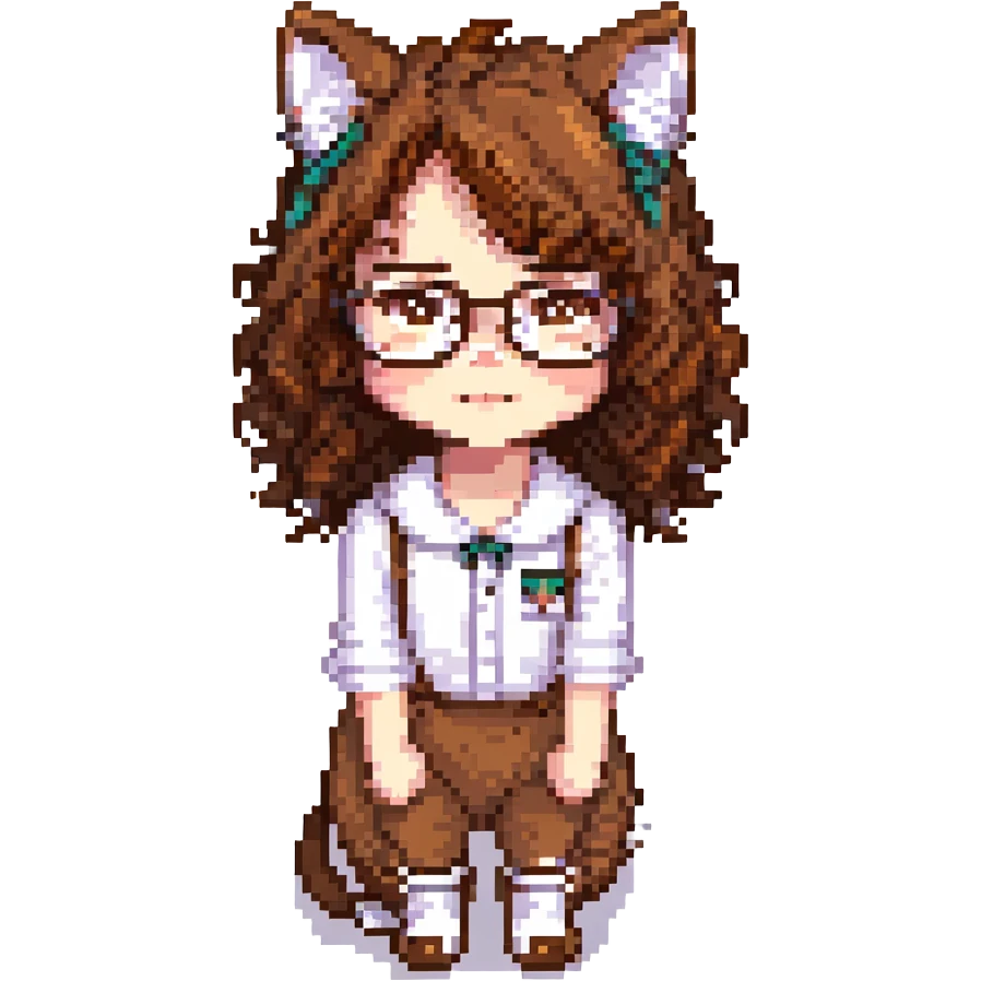 character with brown curly hair, doe eyes, white skin, cat eye glasses emoji