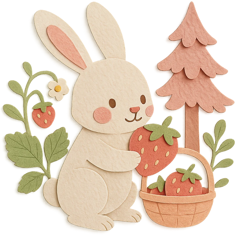 highly detailed, high quality paper craft style illustration of a bunny picking strawberries in the woods, sweet pastel red colors, intricate textures, soft lighting, delicate cut-paper details emoji