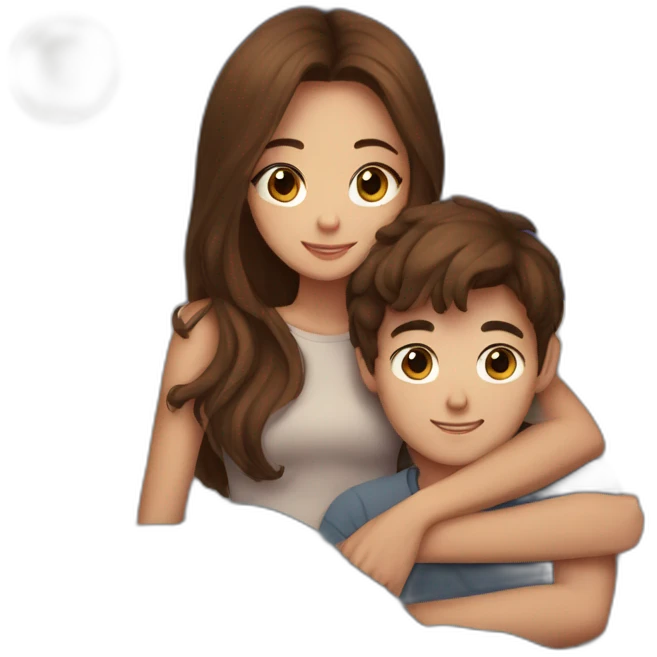 Beautiful Girl with long brown hair and boy with short brown hair cuddling at night emoji