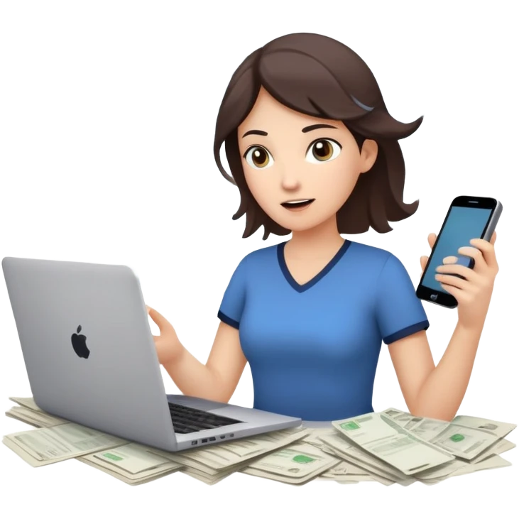 woman holding a phone in one hand, laptop open in front, storm of receipts, invoices, and reminders swirling around, multitasking chaos emoji
