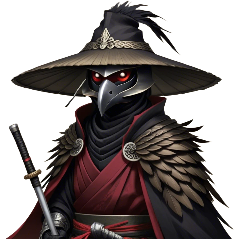 A fierce Kenku samurai with sleek black feathers, piercing crimson eyes glowing under the shadow of his straw hat. His sharp beak is partially covered by a black cloth mask, adding to his air of mystery. He wears layered black and crimson armor, intricate silver engravings etched into the metal plates. A long, tattered cloak billows behind him, worn from countless battles. His clawed hands grip the hilt of a curved katana, its polished blade reflecting the moonlight. Wisps of mist swirl around his taloned feet as he stands motionless emoji