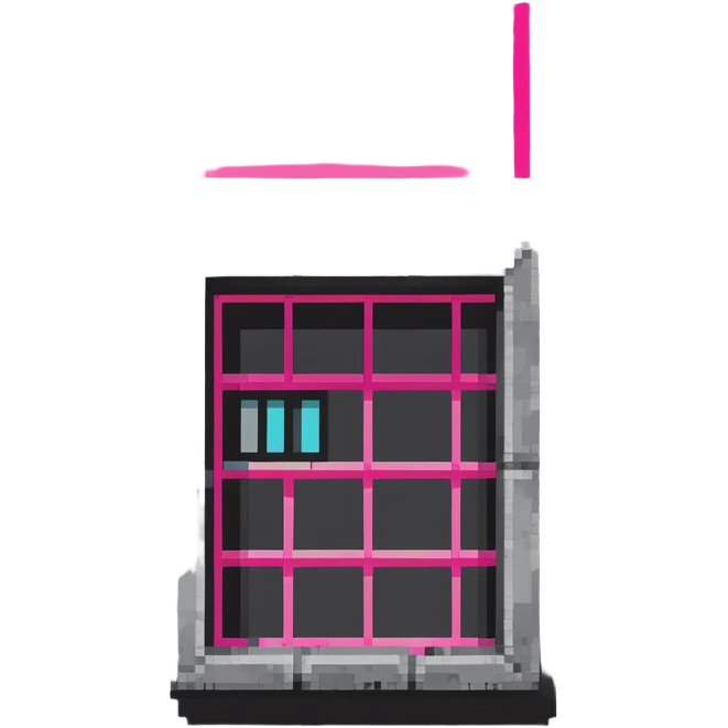 Brutalist gray concrete block building with one neon pink window emoji