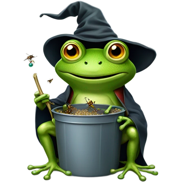 Frog wizard eating a bucket of flies while riding a bigger frog emoji