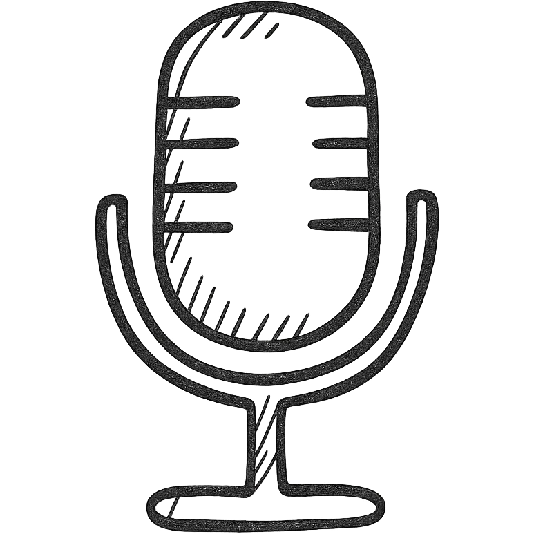 Microphone for recording icon, hand drawn, black outlines, no fill, simple and clean, top view emoji