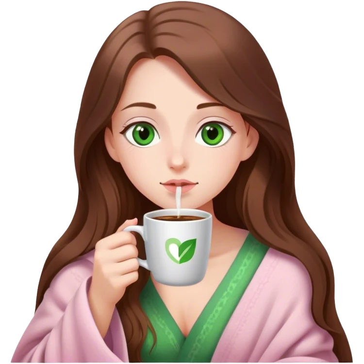 A pretty white girl with very long brown hair and green eyes in a light pink blanket sipping coffee emoji