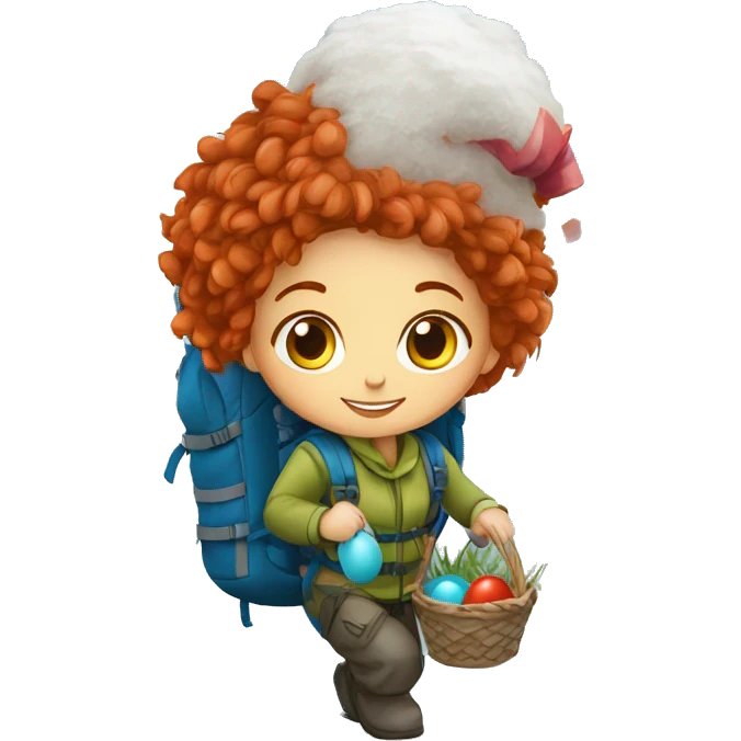 Female winter mountain climber red hair climbing, Greek flag on backpack and holding Easter eggs basket emoji