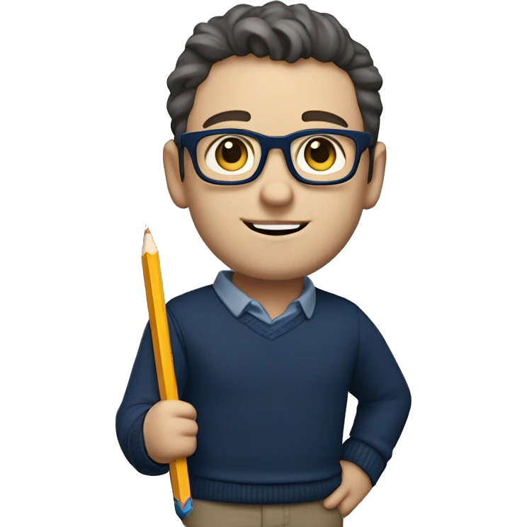 caucasian white boy with dark wavy  hair, blue glasses, and carrying design plan because he is an architect carrying a pencil and a set model maquette. wearing a navy blue long sleeve sweater shirt. smart.  emoji
