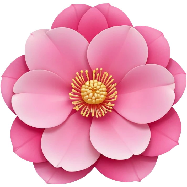 camellia flower, flat design, 5 layered pink petals with soft gradient, golden stamen in center, minimal outline, clean circular shape, pastel colors emoji