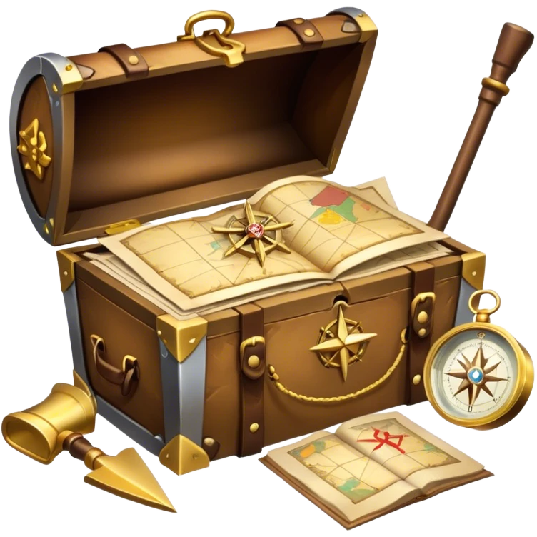 An icon featuring a treasure chest overflowing with gold, a treasure map with a compass rose, a backpack, and a shovel. The map guides the way, symbolizing the adventure of treasure hunting. Set against a transparent background, the design evokes excitement and exploration. emoji
