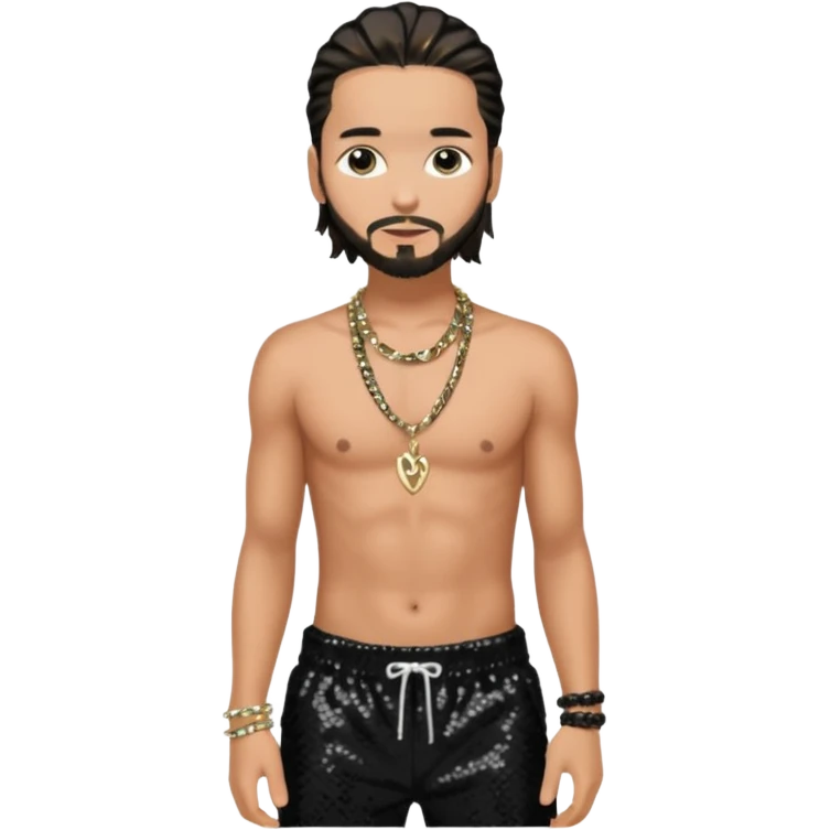 Tom Kaulitz with black sequin baggy pants, shirtless with necklace emoji