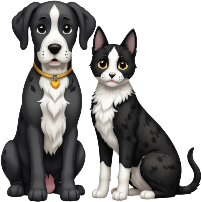 Large Black and white great dane dog sitting with a small black and white cat emoji