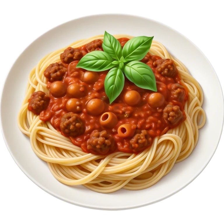 Spaghetti Bolognese on a plate, already mixed together, nice basil on top emoji