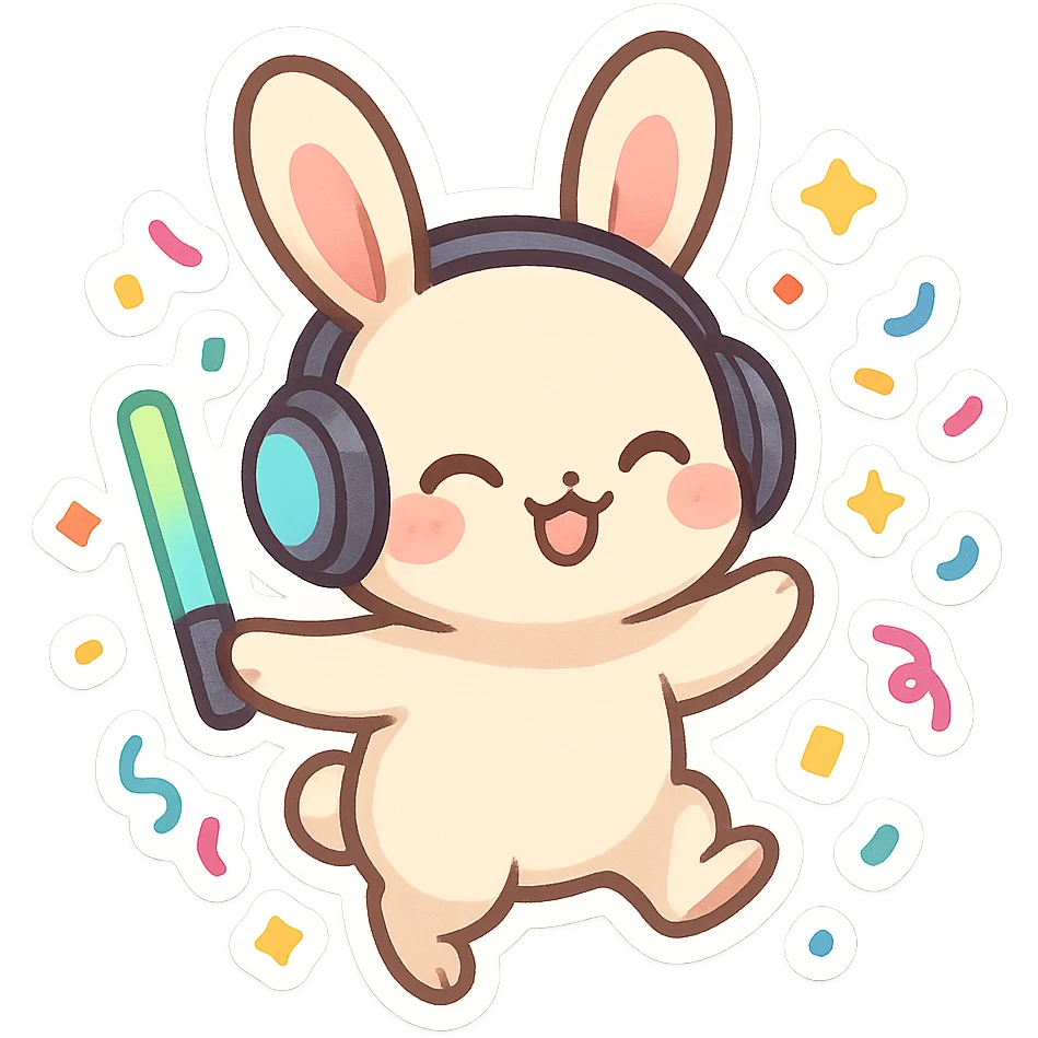 cute rave bunny wearing headphones, holding a glow wand, surrounded by confetti, festive mood emoji